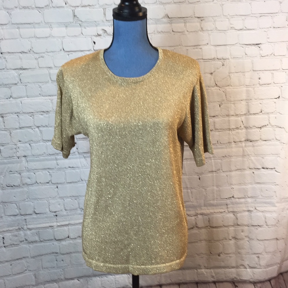 Kasper Metallic Gold Knit Short Sleeve Sweater Top Blouse Small